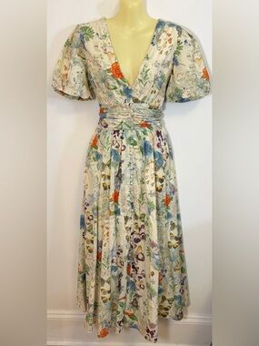 NWT by Anthropologie Floral Cream V-Neck Maxi Dress with Puff Sleeves